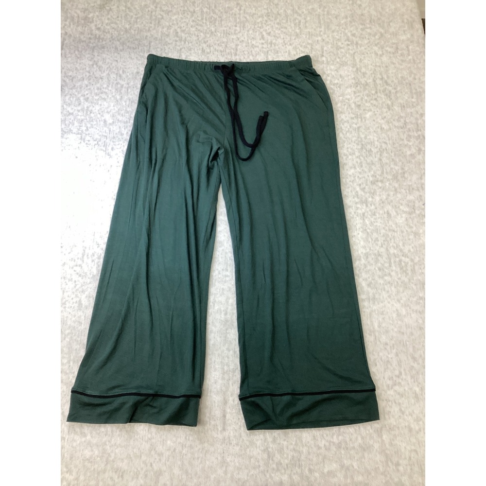 Green Wide Leg Pajama Pants with Drawstring‎ and Black Piping Detail…